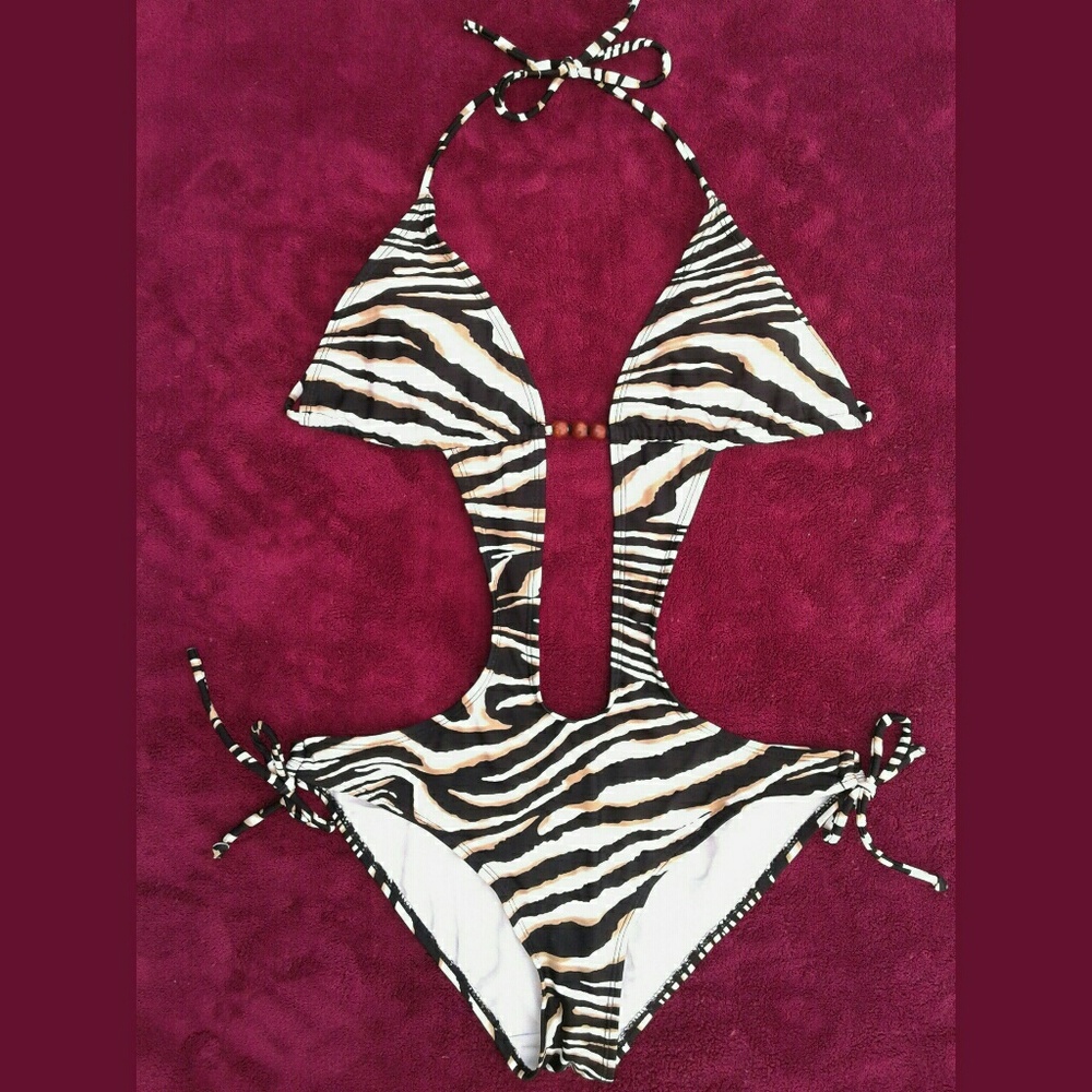 Zebra Triangle Halter Plunge Monokini Apollo Swim